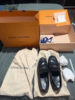 Louis Vuitton Black Leather Men’s Slip-On Loafers with LV Metal Accent, LV 8 1/2